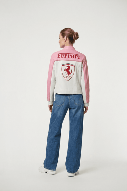 Ferrari F1 Vintage Racing Leather Jacket - Pink & White Edition