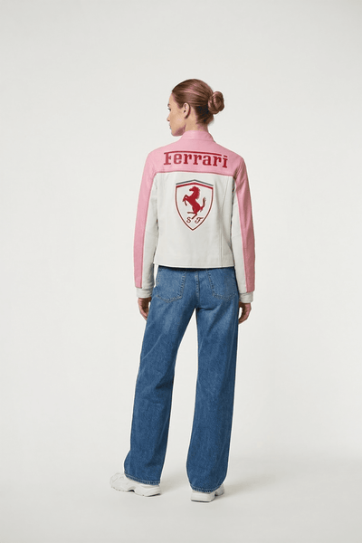 Ferrari F1 Vintage Racing Leather Jacket - Pink & White Edition