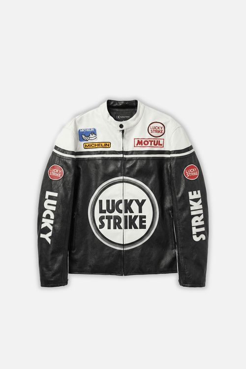 Lucky Strike Vintage Racing Leather Jacket - White & Black Edition