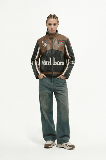Marlboro Vintage Racing Leather Jacket - Brown & Black Edition