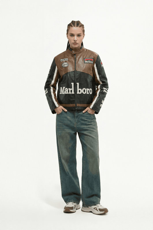 Marlboro Vintage Racing Leather Jacket - Brown & Black Edition