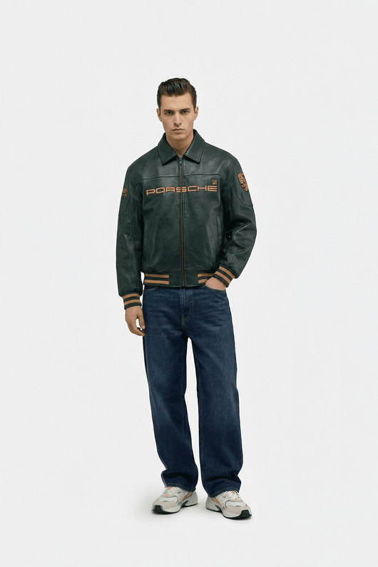 Porsche Vintage Leather Bomber Jacket - Green Edition